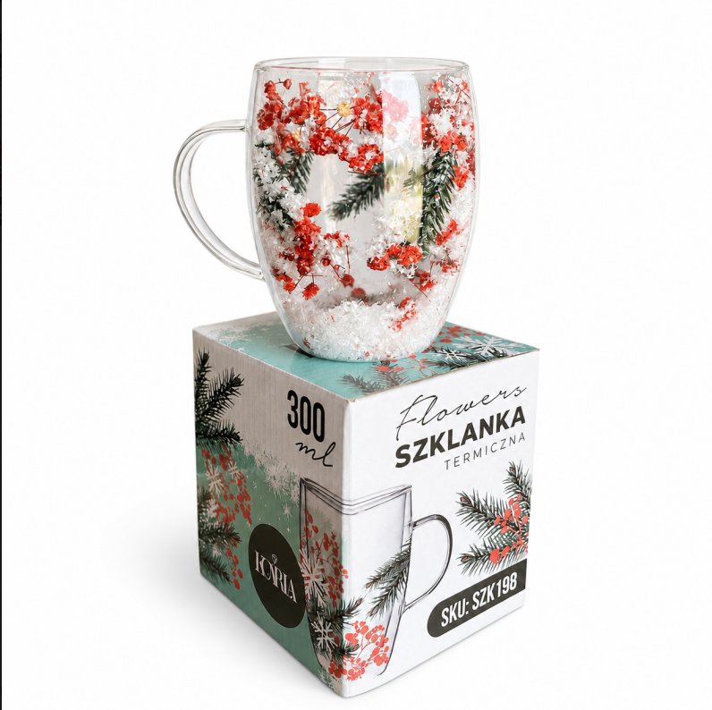 Dvigubo stiklo puodelis su gėlėmis viduje 300ml. (SZK198)