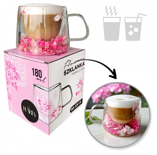 Dvigubo stiklo puodelis su gėlėmis viduje 180ml. (SZK175) ant dezes