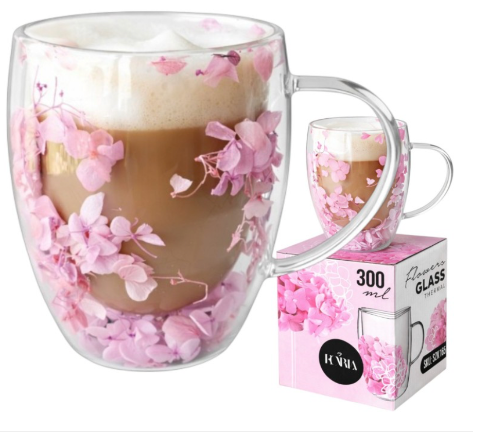 Dvigubo stiklo puodelis su gėlėmis viduje 300ml. (SZK165) ant dezutes