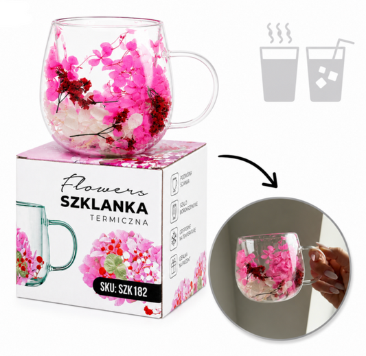 Dvigubo stiklo puodelis su gėlėmis viduje 300ml. (SZK182)