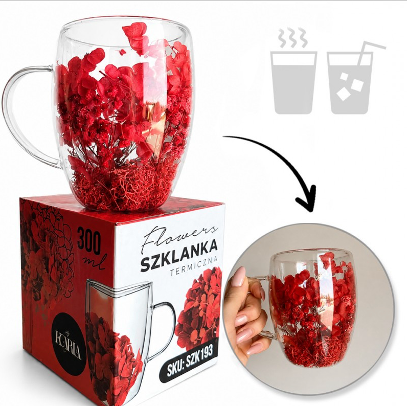 Dvigubo stiklo puodelis su gėlėmis viduje 300ml. (SZK193)