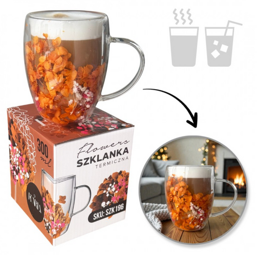 Dvigubo stiklo puodelis su gėlėmis viduje 300ml. (SZK196)