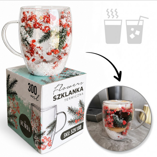 Dvigubo stiklo puodelis su gėlėmis viduje 300ml. (SZK198)