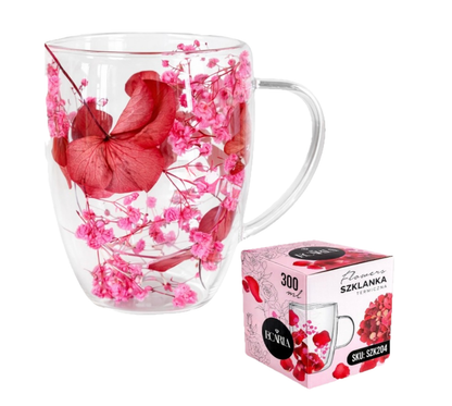 Dvigubo stiklo puodelis su gėlėmis viduje 300ml. (SZK204) su dezute