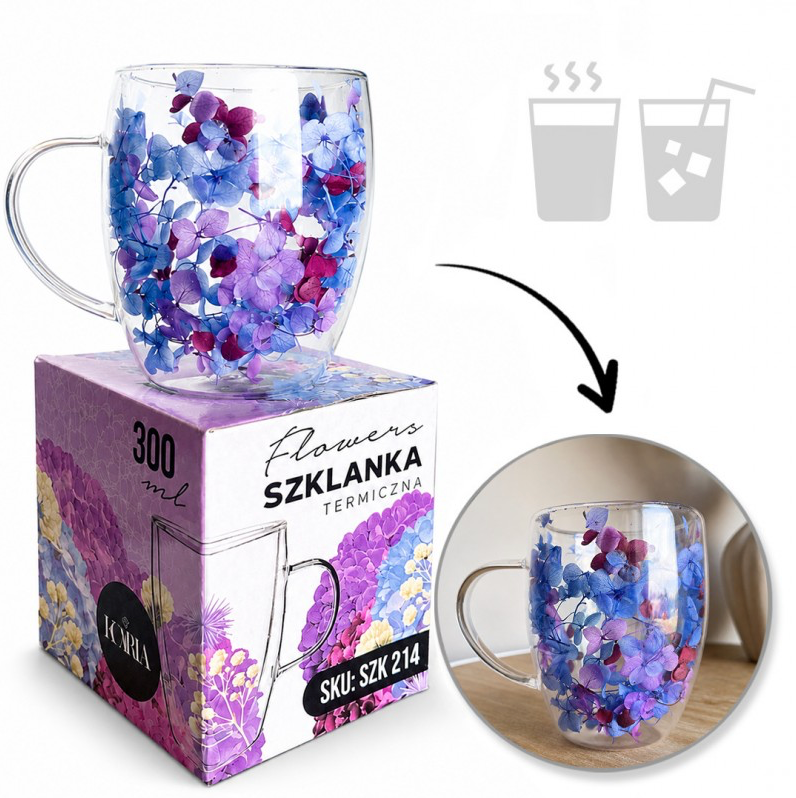 Dvigubo stiklo puodelis su gėlėmis viduje 300ml. (SZK214)