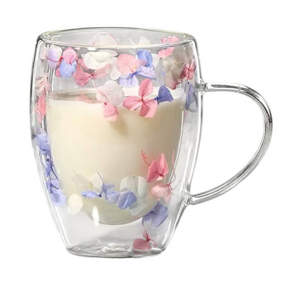 Dvigubo stiklo puodelis su gėlėmis viduje 300ml. (SZK179) su pienu