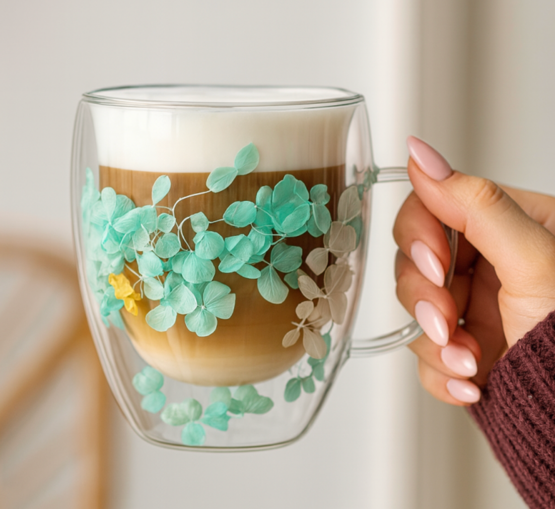 Dvigubo stiklo puodelis su gėlėmis viduje 300ml. (SZK179ZIE) su kava
