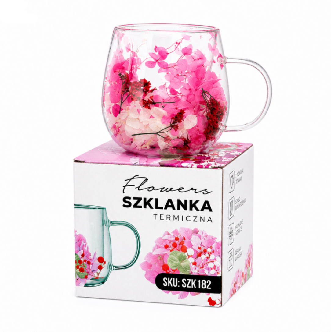 Dvigubo stiklo puodelis su gėlėmis viduje 300ml. (SZK182)