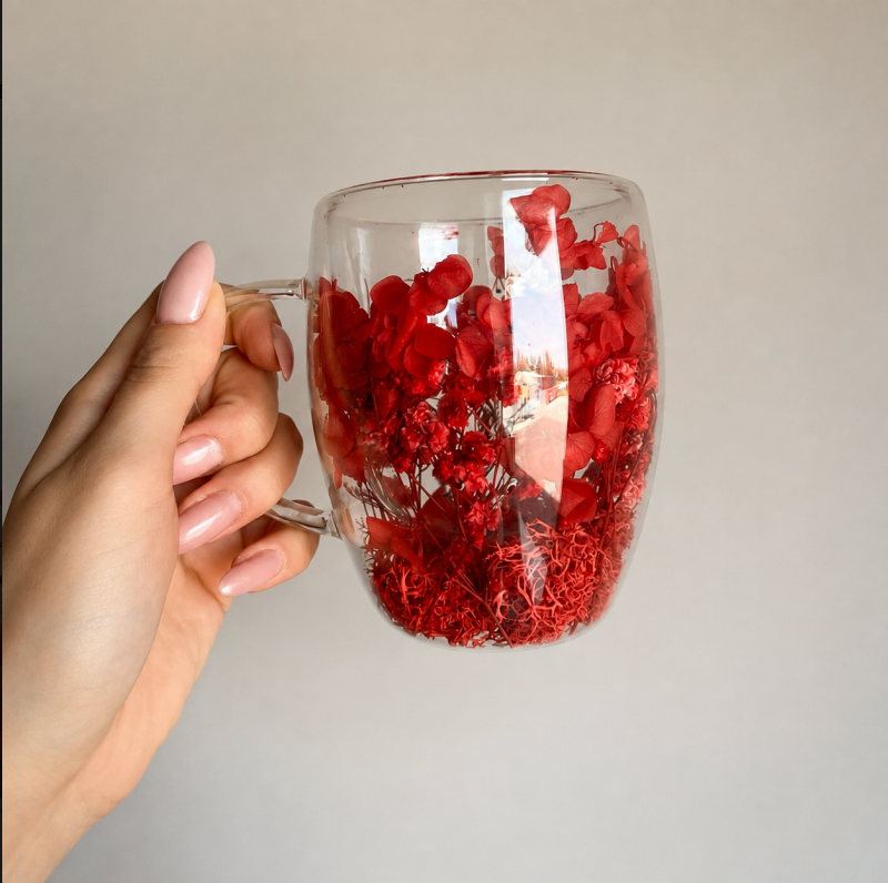 Dvigubo stiklo puodelis su gėlėmis viduje 300ml. (SZK193)