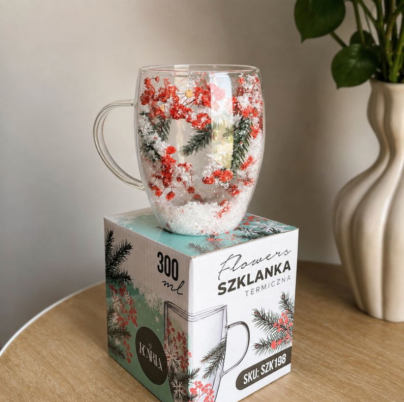 Dvigubo stiklo puodelis su gėlėmis viduje 300ml. (SZK198)