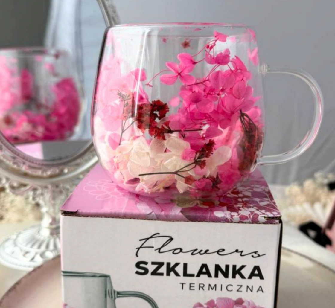 Dvigubo stiklo puodelis su gėlėmis viduje 300ml. (SZK182) ant dezutes