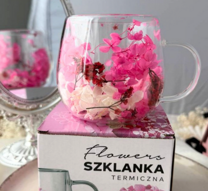 Dvigubo stiklo puodelis su gėlėmis viduje 300ml. (SZK182) ant dezutes