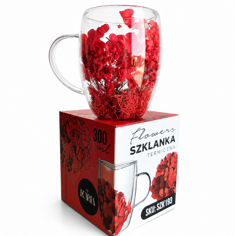 Dvigubo stiklo puodelis su gėlėmis viduje 300ml. (SZK193)