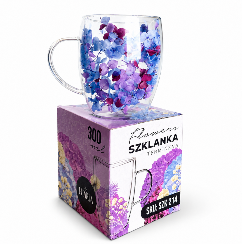 Dvigubo stiklo puodelis su gėlėmis viduje 300ml. (SZK214)