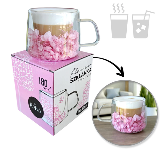 Dvigubo stiklo puodelis su gėlėmis viduje 180ml. (SZK74) ant dezutes