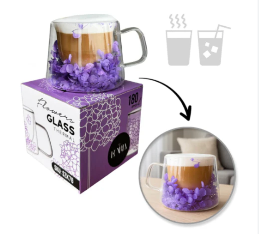 Dvigubo stiklo puodelis su gėlėmis viduje 180ml. (SZK76) ant dezes