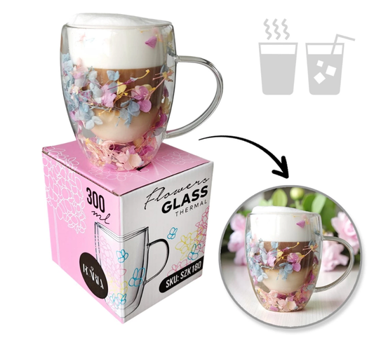 Dvigubo stiklo puodelis su gėlėmis viduje 300ml. (SZK:180) ant dezutes