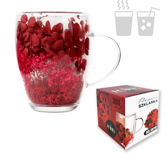 Dvigubo stiklo puodelis su gėlėmis viduje 300ml. (SZK:192) su dezute