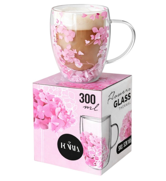 Dvigubo stiklo puodelis su gėlėmis viduje 300ml. (SZK165) ant dezutes