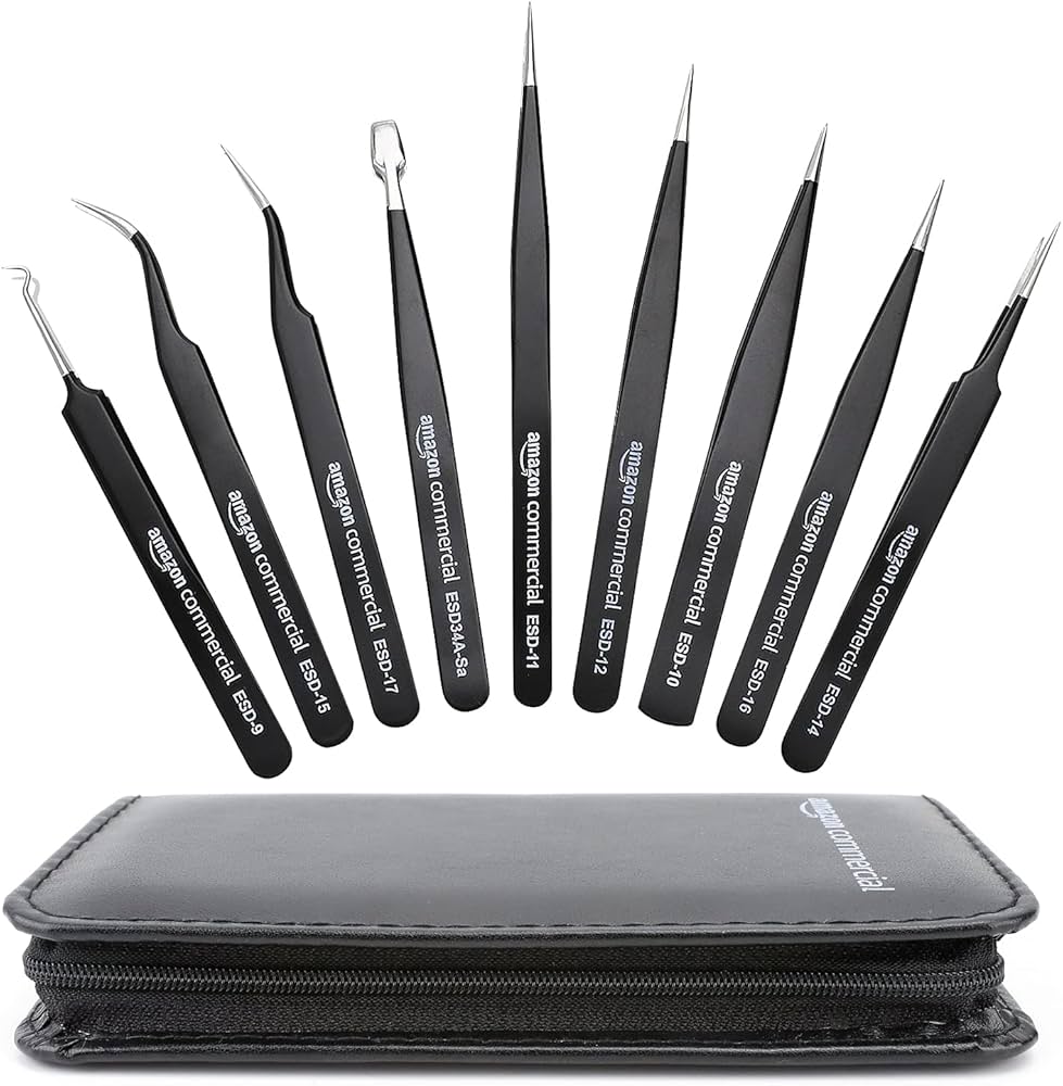 P9  nerūdyjančio plieno, antistatinių, antimagnetinių, Esd pincetų rinkinys  su dėklu