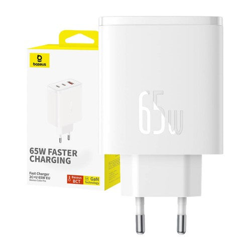Sieninis įkroviklis Baseus OS-Cube Pro 2xUSB-C + USB, 65W (baltas) - Savamrate.lt